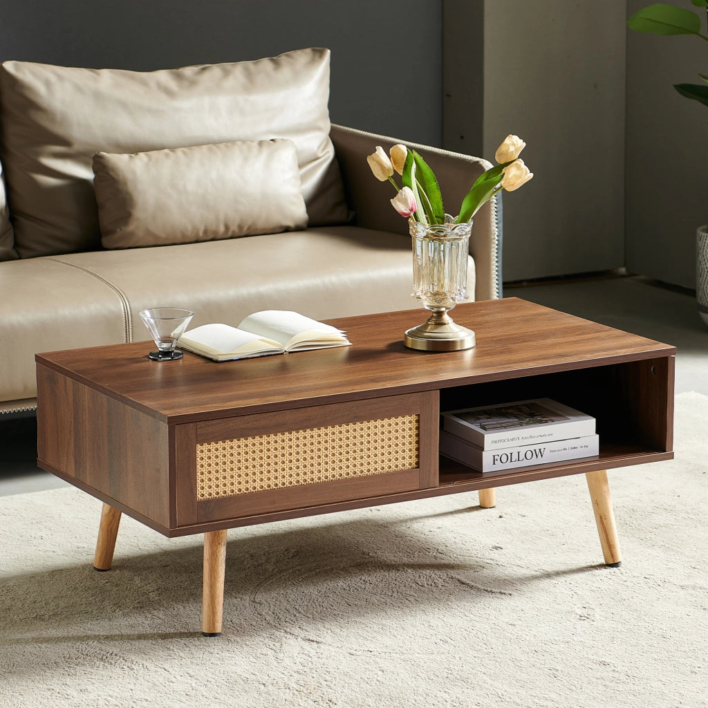 Tavolino da caffè in MDF con anta scorrevole in rattan; 105 x 55 x 40 cm; marrone