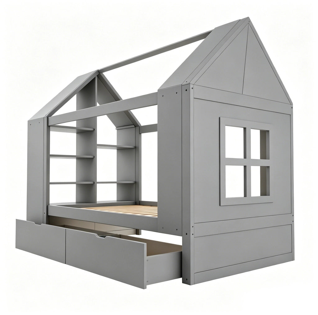 Letto per bambini a casetta 90x200 cm con LED, cassetti e vani in legno massello e MDF grigio
