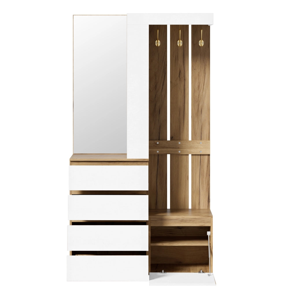 Mobile ingresso con specchio, 4 cassetti, anta e ganci per corridoio, truciolare bianco naturale, 100 × 35 × 180 cm