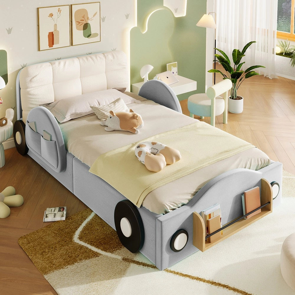 Letto imbottito contenitore 90x200 ¨C Minimal ¨C Velluto grigio idraulico con tasche laterali e vano libri