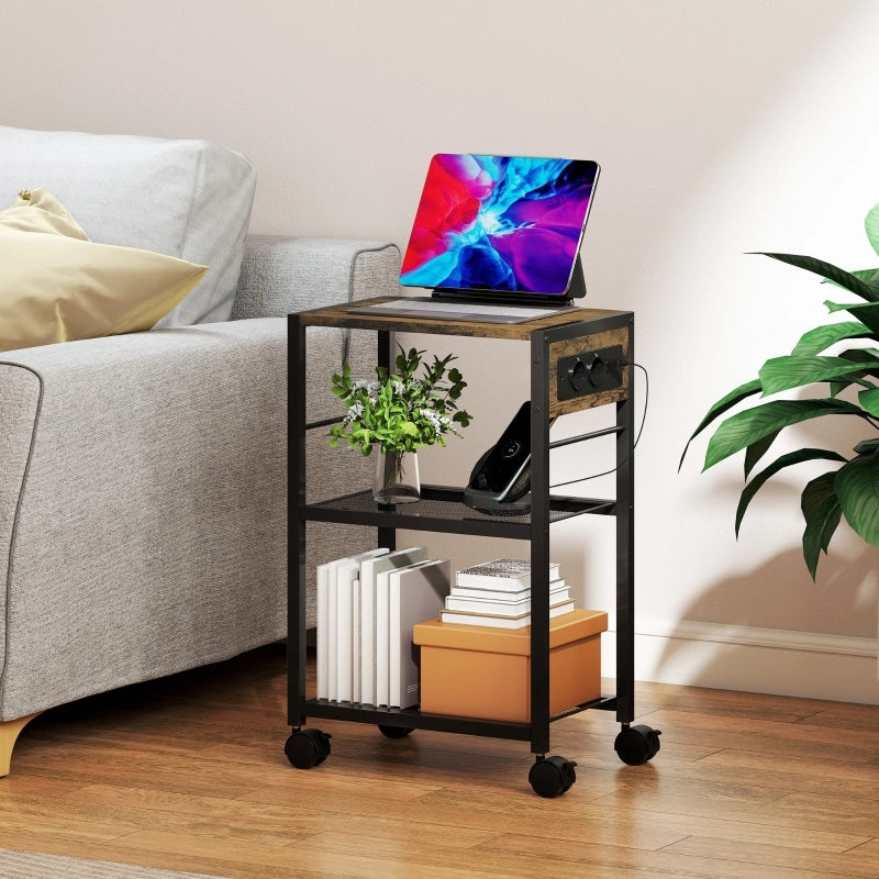 Supporto per stampante a 3 ripiani con prese USB e USB-C su ruote bloccabili marrone rustico 42 × 28 × 64.5 cm