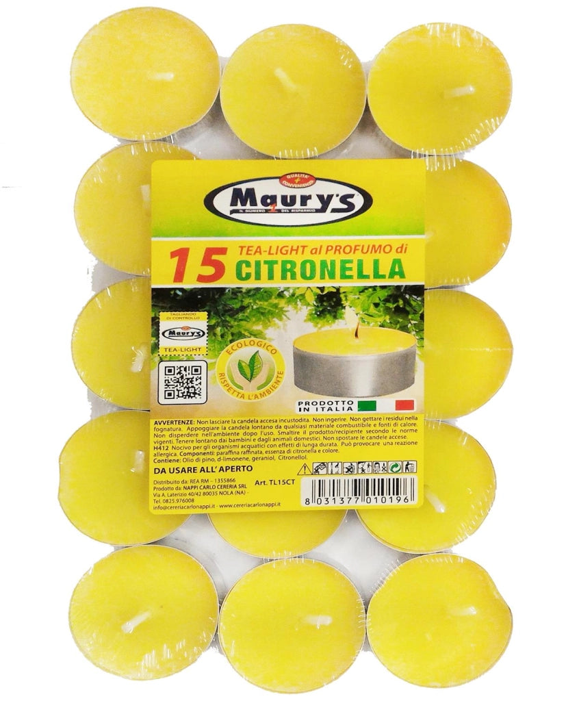 MAURY'S CANDELINE TEA LIGHT 15 PZ GIALLE CON OLIO DI CITRONELLA E BASE IN METALLO