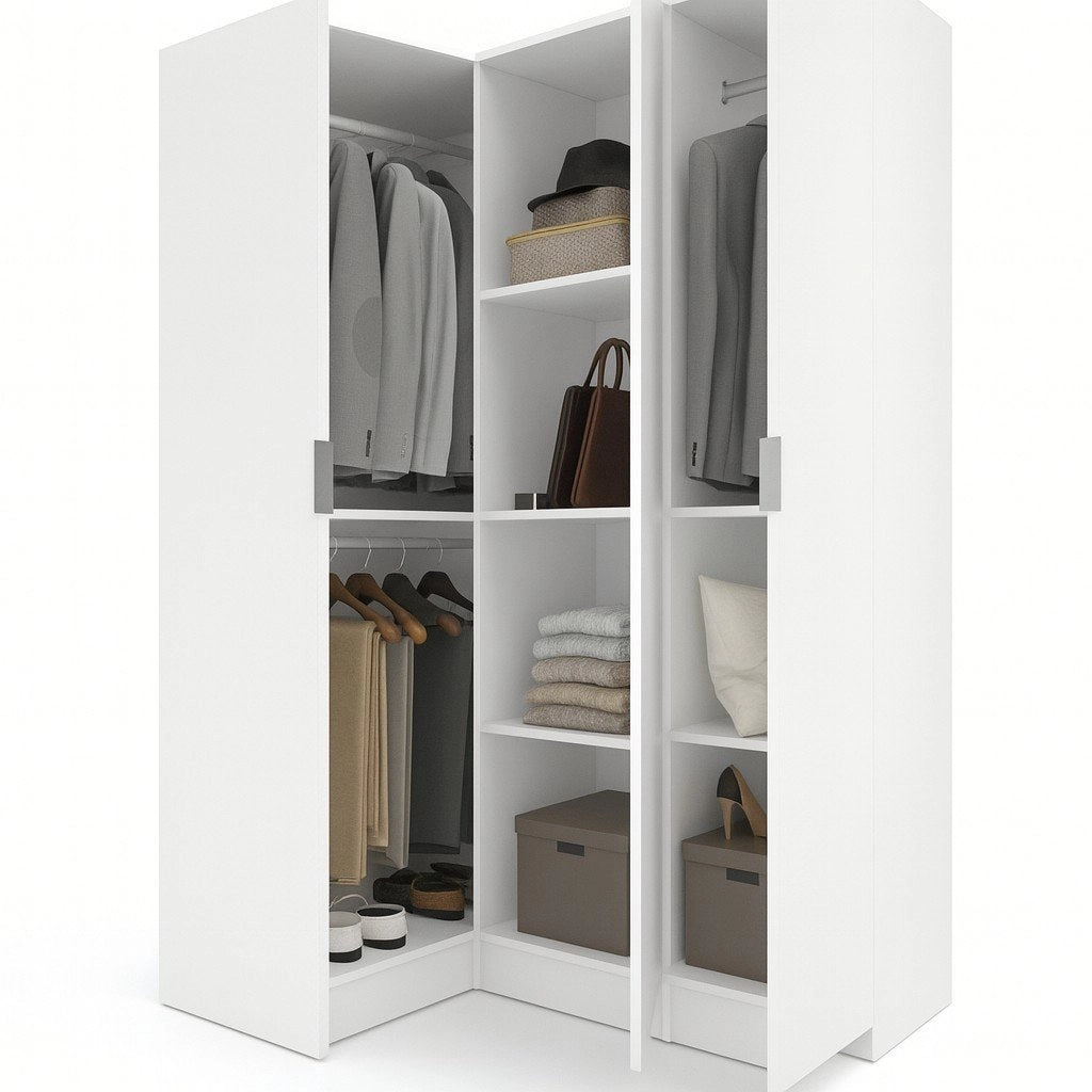 Guardaroba Australia, Mobile angolare per camera da letto, Armadio appendiabiti ad angolo a 3 ante battenti, 133x91h184 cm, Bianco