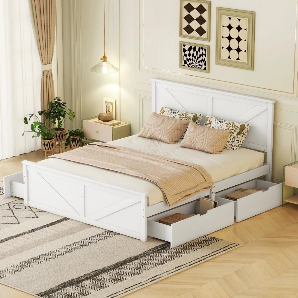 Letto in pino bianco 160x200 cm con testiera e 4 cassetti