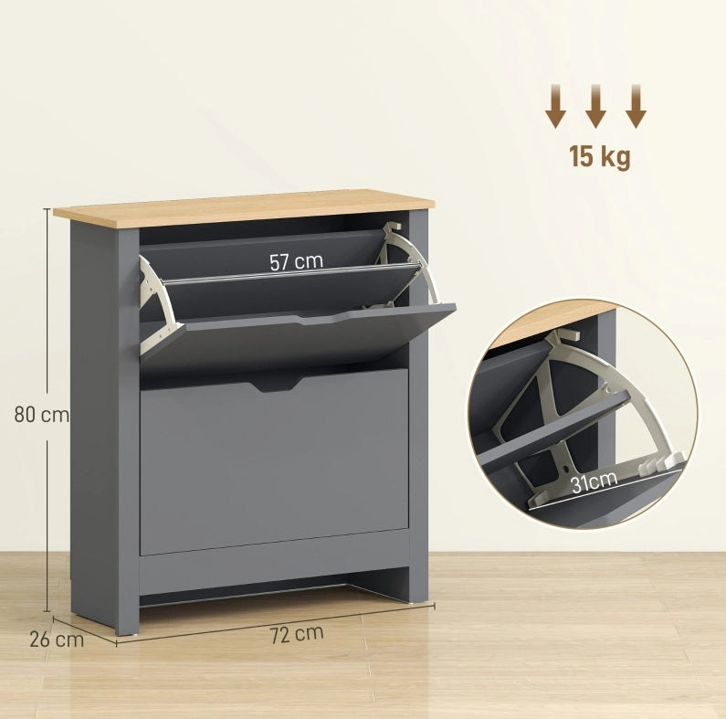 Scarpiera grigio scuro a 2 ribalte per 8-12 paia, 72 x 26 x 80 cm