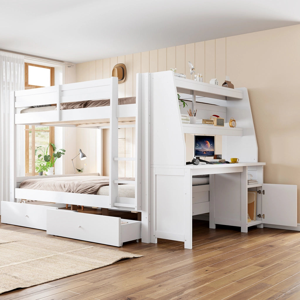 LETTO A CASTELLO 140x200 cm con Scrivania e Contenitore Bianco