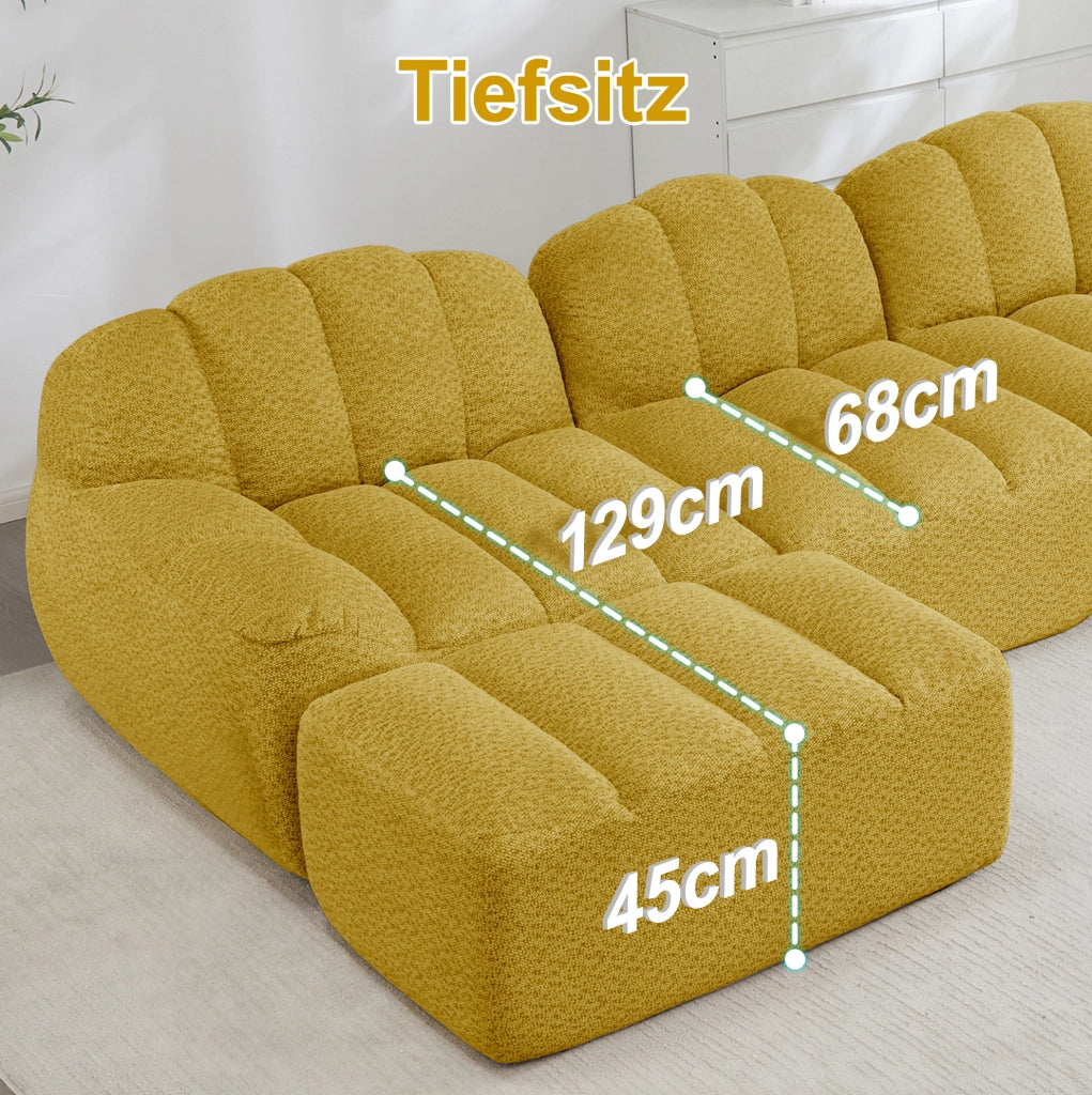 Divano modulare 4 posti con pouf, schiuma ad alta densità 32D, tessuto morbido giallo, design ergonomico per soggiorno
