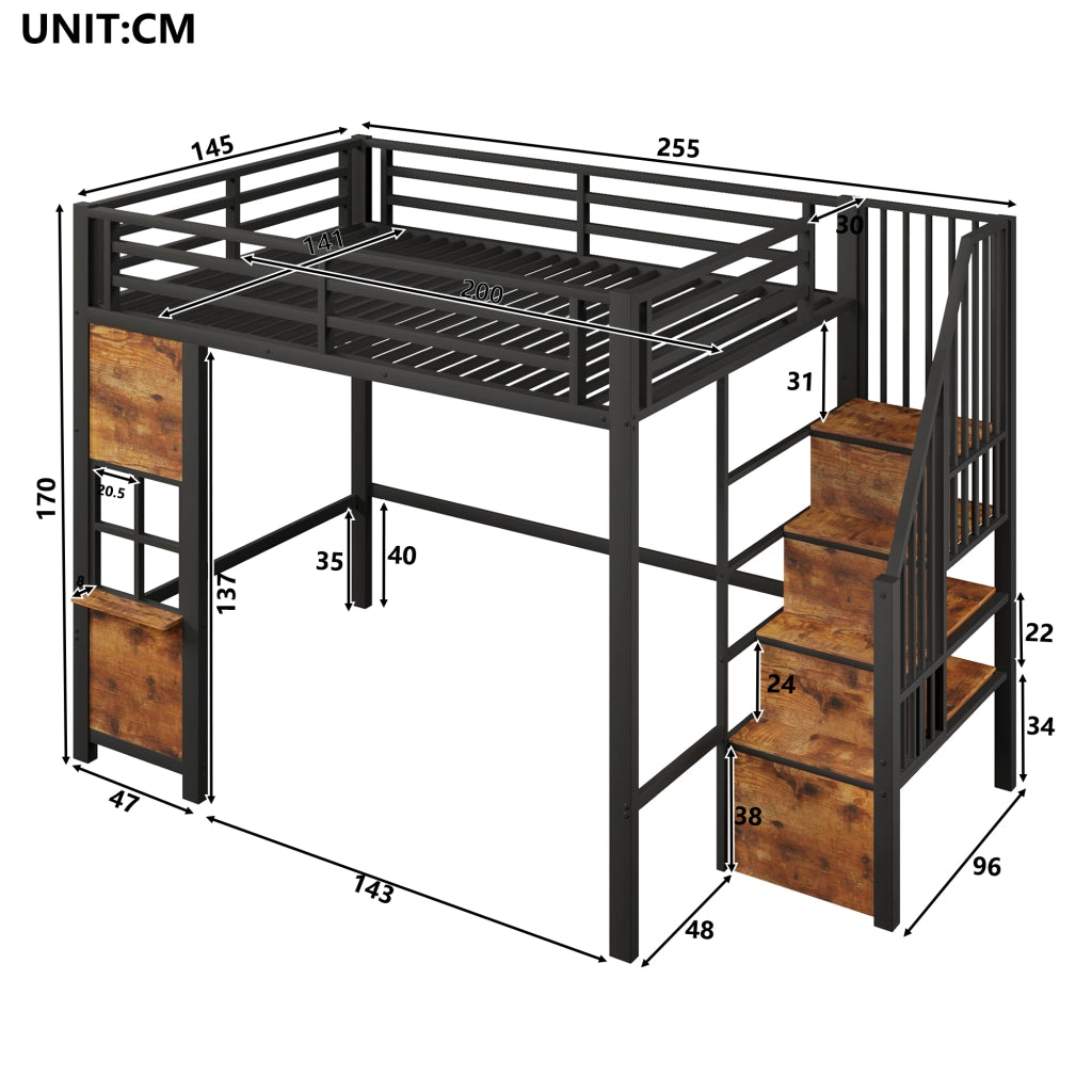 Letto a soppalco 140x200 cm in metallo e MDF nero con scala contenitore