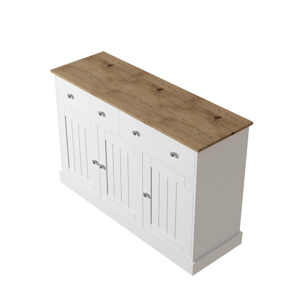 Credenza bianca e legno con texture incisa, 120x36x80,5 cm, 3 ante e 2 cassetti