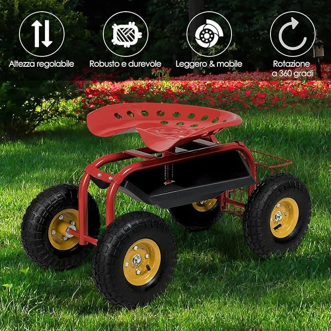 Sgabello da Giardino, Sgabello per Giardinaggio con Ruote, Sedile Regolabile in Altezza e Girevole a 360°, Cestello e Vassoio, Carrello per Prato e Giardino, Portata 150 kg(Rosso)