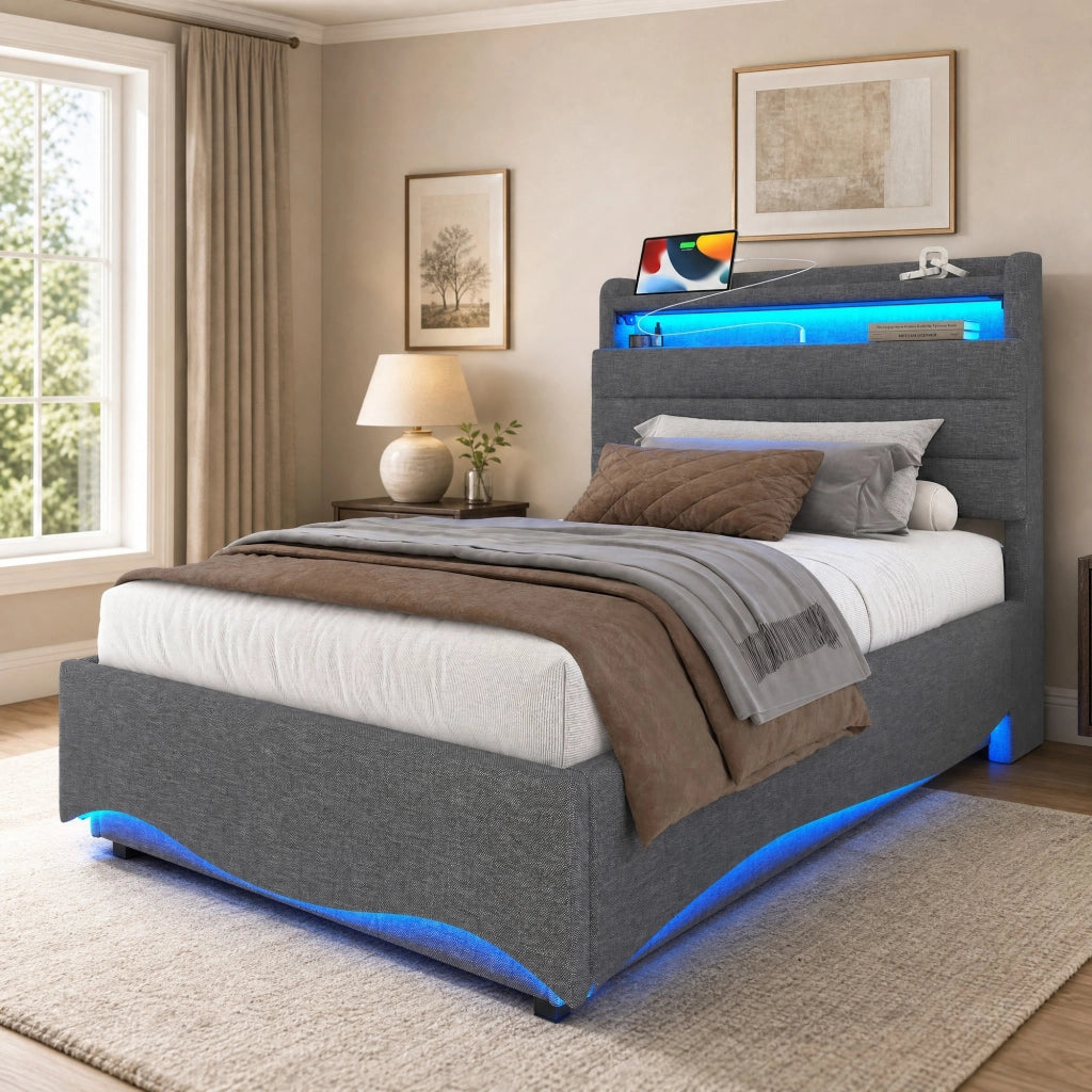Letto imbottito con contenitore idraulico e LED 90x200 cm; lino grigio con USB e Type-C