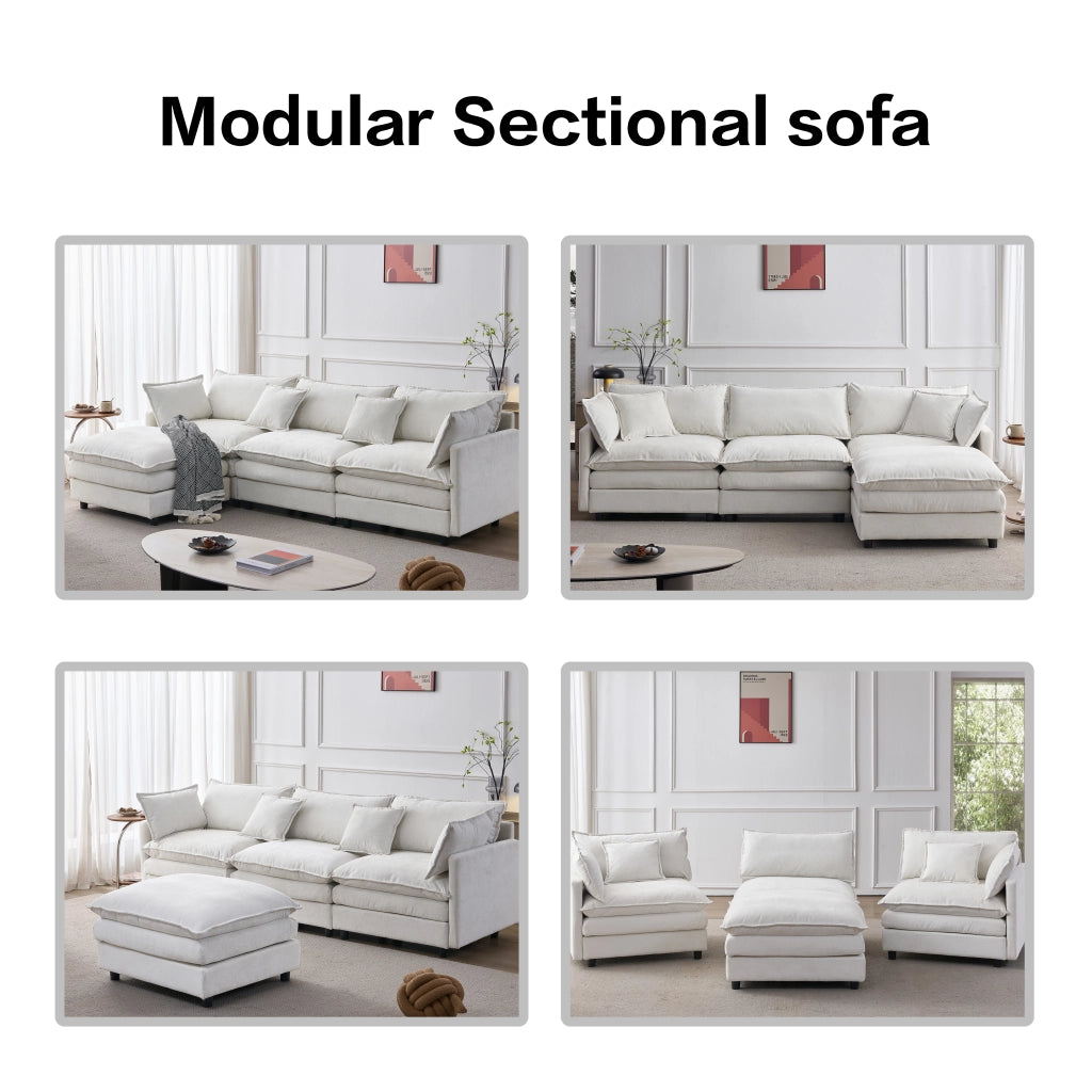 Divano angolare modulare 3 posti con pouf mobile in chenille beige struttura in legno e cuscini sfoderabili