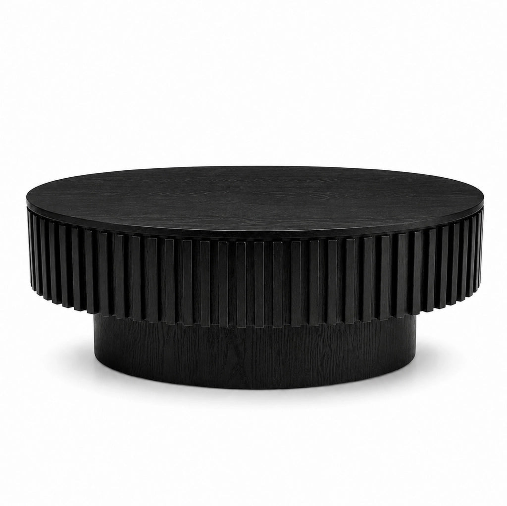 Tavolino da Caffè Ovale 98 cm con Ripiano Nascosto, Rivestimento in Legno Massello, Design Fluted Nero Opaco