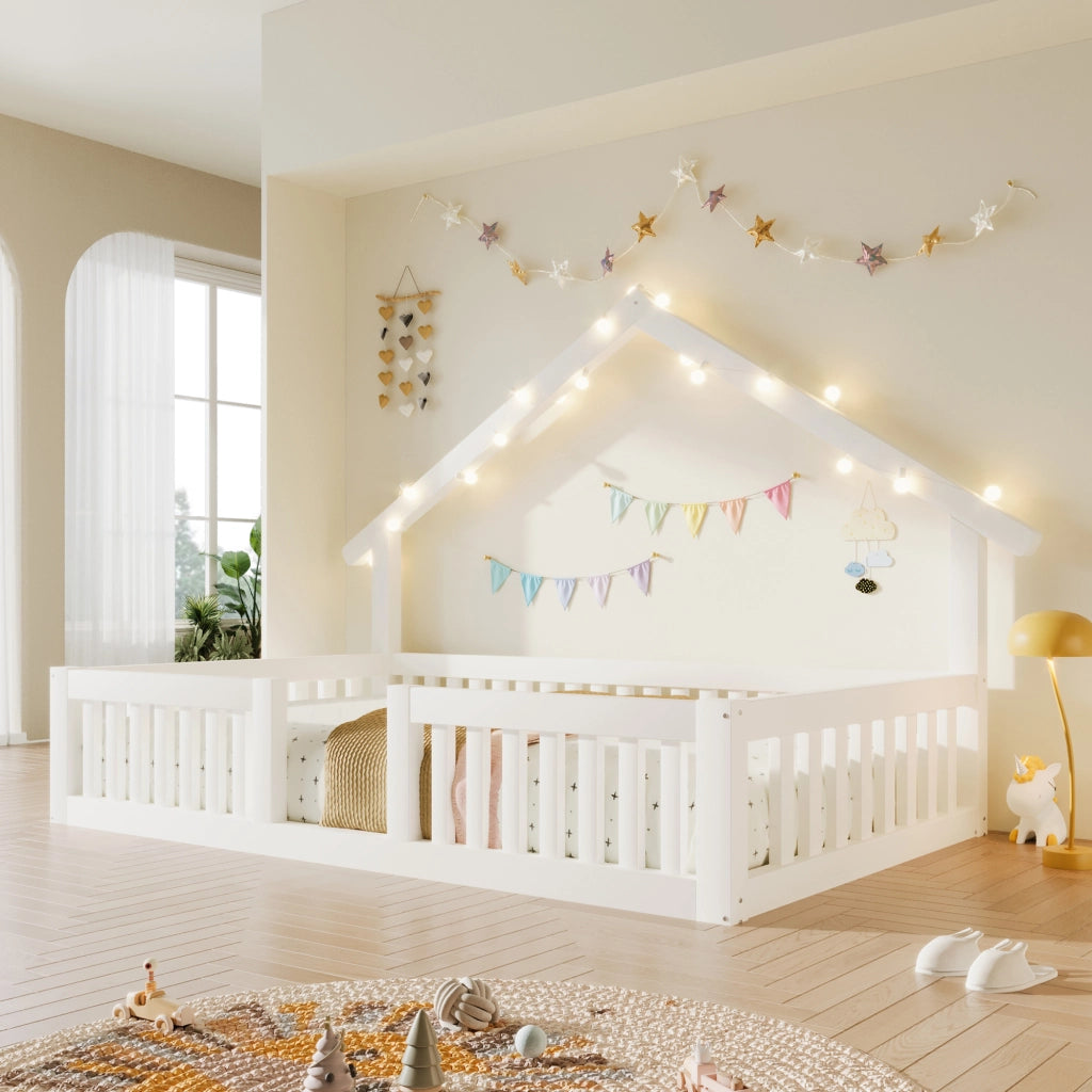 Letto Casetta per Bambini 90x200 cm con Sponde di Sicurezza; LED; Bianco