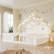 Letto Casetta per Bambini 90x200 cm con Sponde di Sicurezza; LED; Bianco