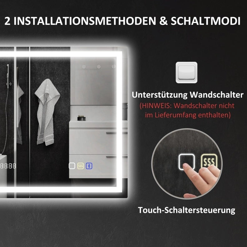 Specchio LED da bagno Bluetooth con orologio e funzione antiappannamento