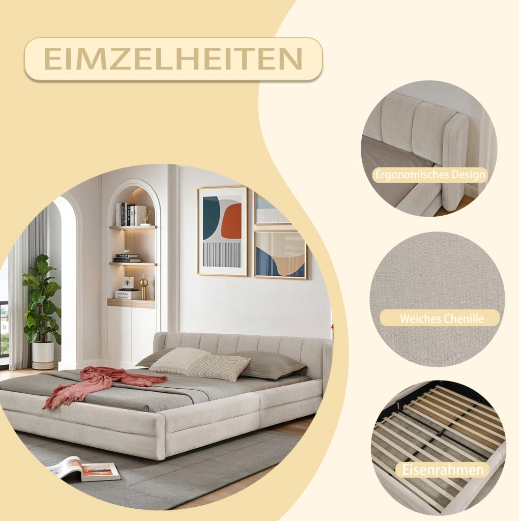 Letto matrimoniale 140×200 cm con struttura in eucalipto e ferro, rivestimento in tessuto chenille beige, schienale ergonomico, senza materasso