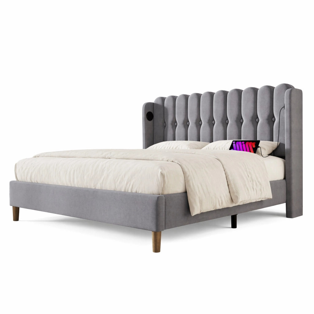 Letto matrimoniale imbottito grigio 160x200 cm con USB e Type-C