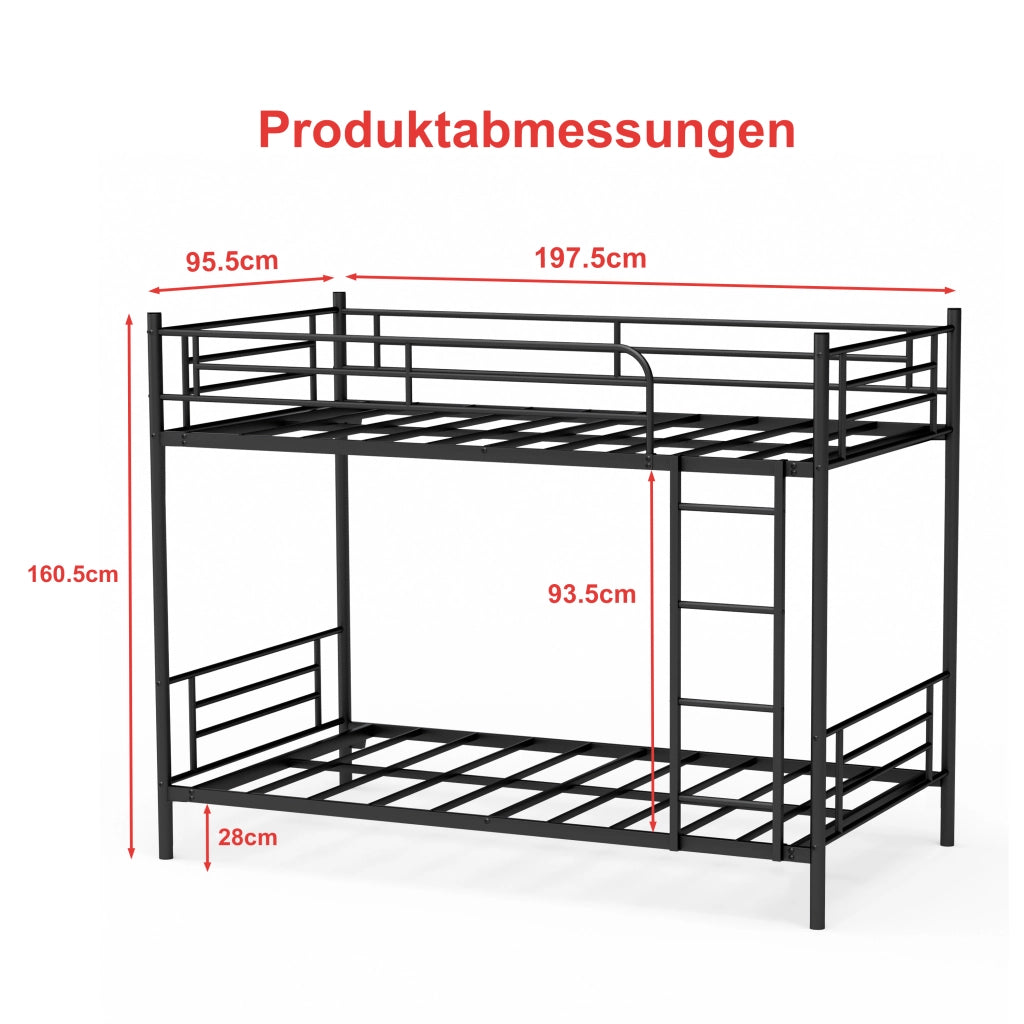Letto a castello 90×190 cm con scala antiscivolo e barriera di sicurezza; senza materasso; acciaio; nero