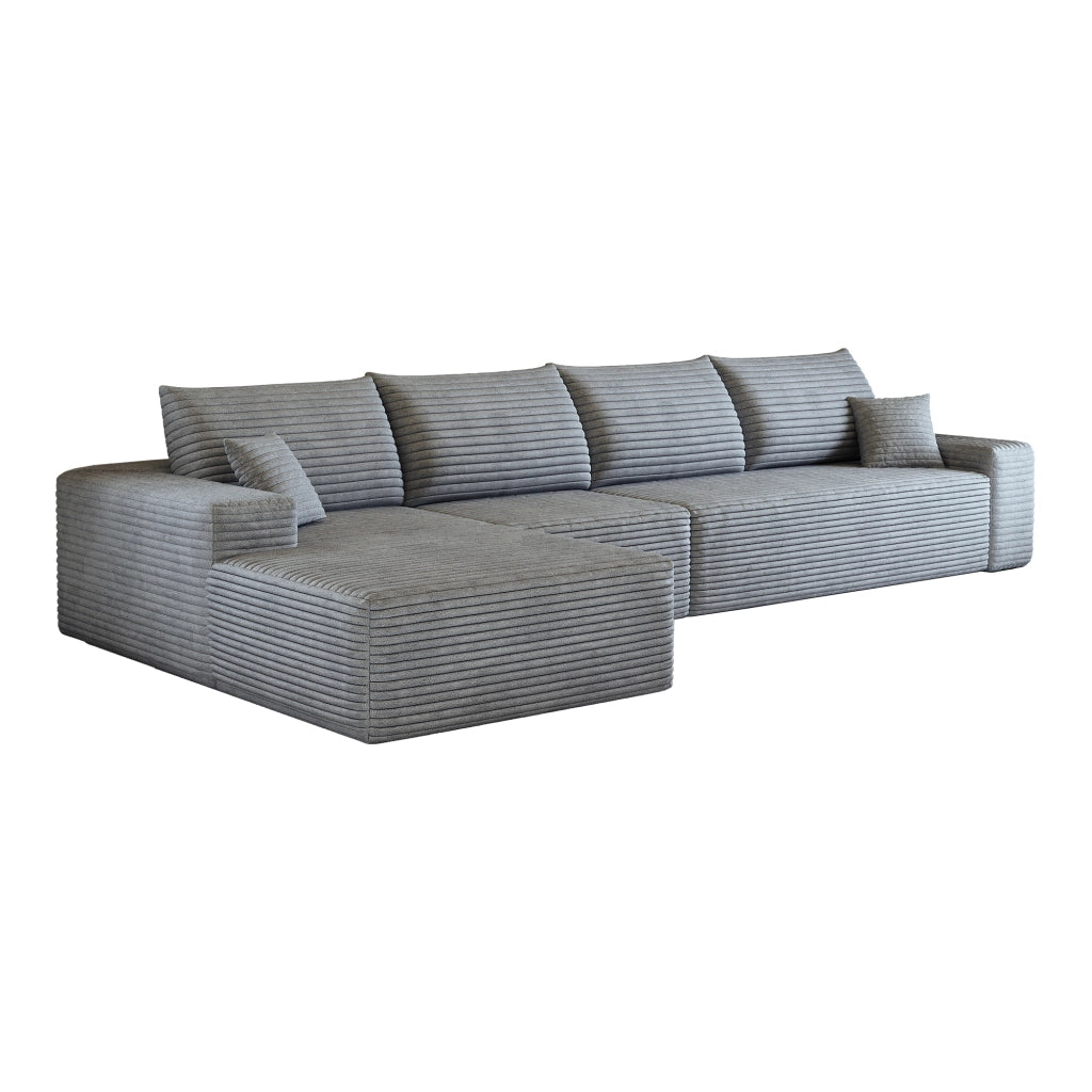 Divano angolare modulare con chaise longue e seduta profonda, pronto all'uso in tessuto a coste grigio