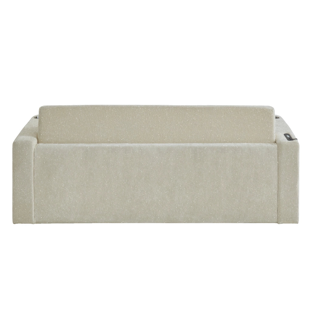 Divano letto 2 posti con funzione letto; USB; portabicchieri e tasche laterali in ciniglia beige