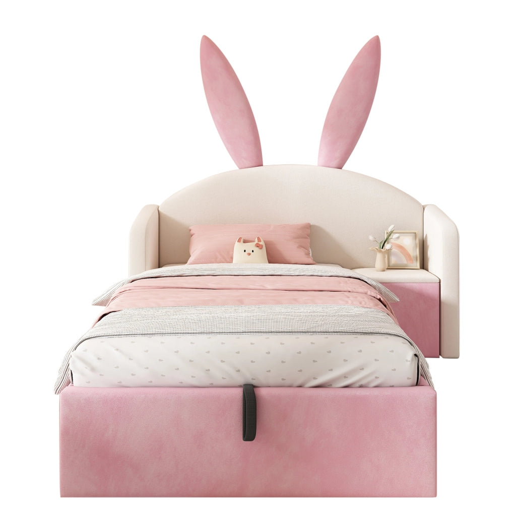 Letto imbottito 90x200 cm con contenitore idraulico e comodino in velluto beige e rosa