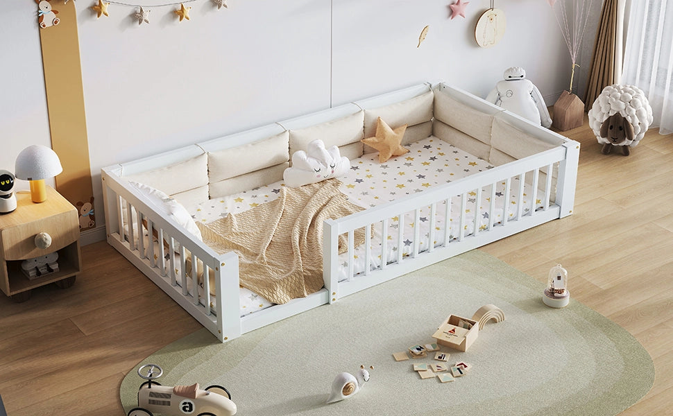 Letto a piattaforma 90 x 200 cm, legno massiccio e MDF, bianco, con barriere di sicurezza e cuscini