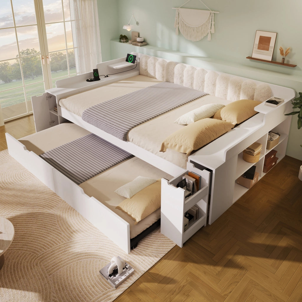 Letto estraibile matrimoniale 140x190 cm; rete a doghe metalliche; stazione di ricarica; contenitore nascosto; legno; schienale sherpa; bianco