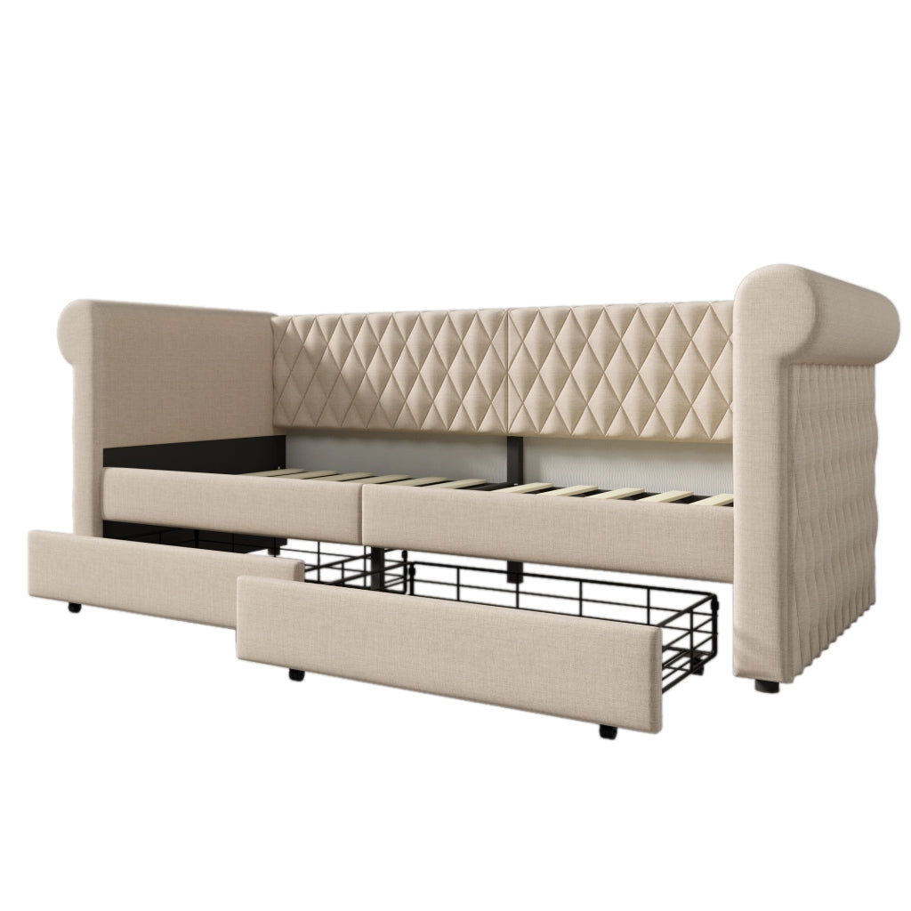 Divano letto imbottito in lino 90 x 200 cm - daybed con 2 cassetti contenitore, testiera vintage e rete a doghe - beige