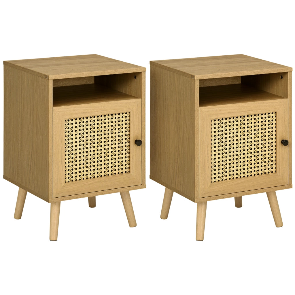 Set 2 comodini in stile boho con armadietto e ripiano aperto in truciolato rattan e MDF pratici e salvaspazio per casa 39x35x60 cm
