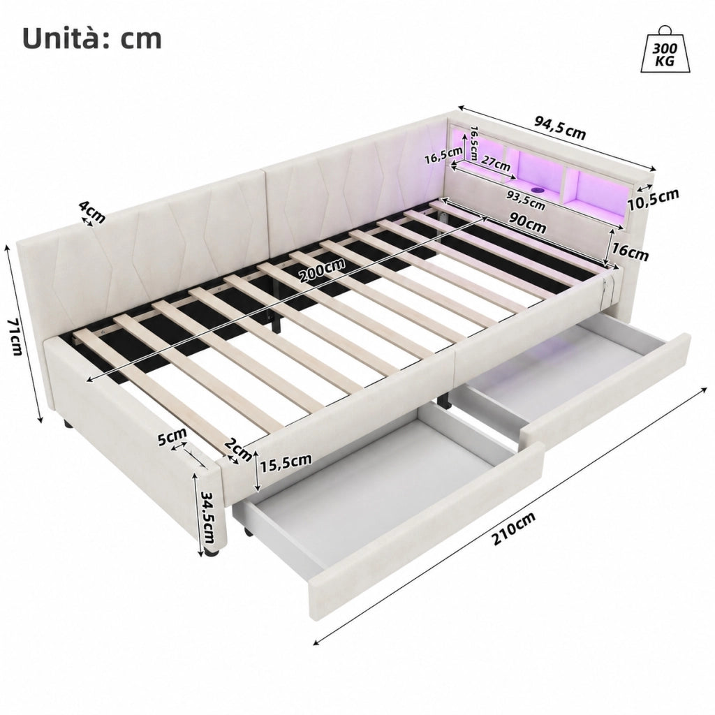 Letto singolo 90x200 con cassetti e vani; rete a doghe; lino grigio