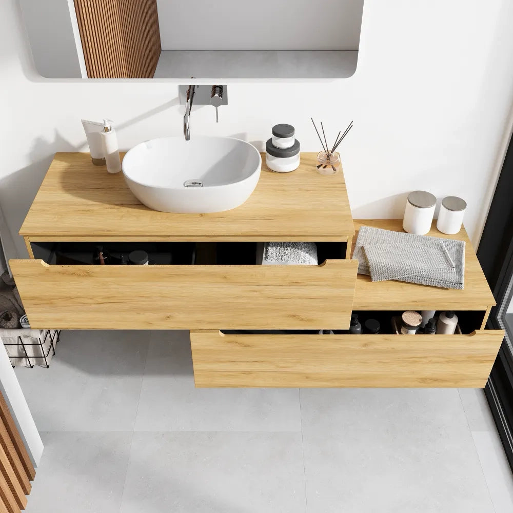 Mobile bagno sospeso modulare 100 cm rovere chiaro due cassetti con top | Bako