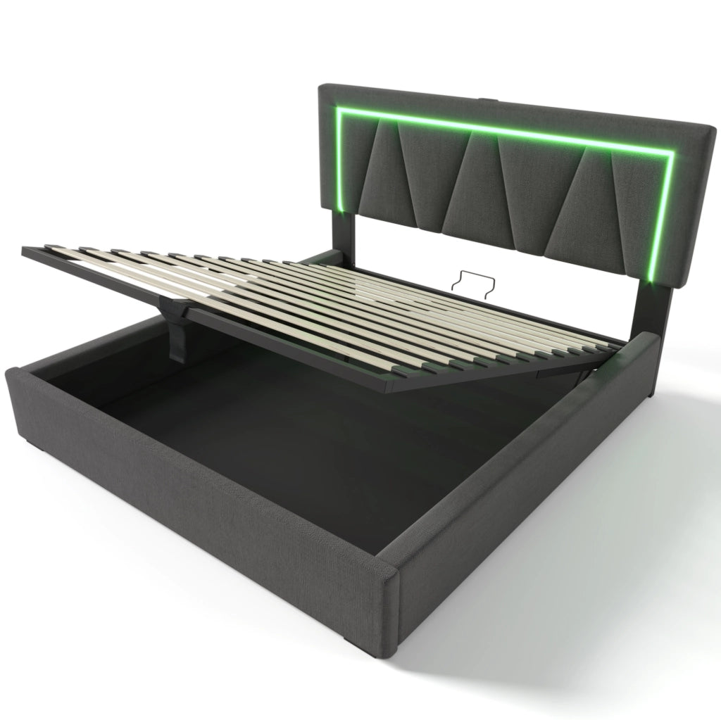 Letto matrimoniale contenitore 160x200 cm con materasso; LED; USB e Type-C grigio HOMVRA