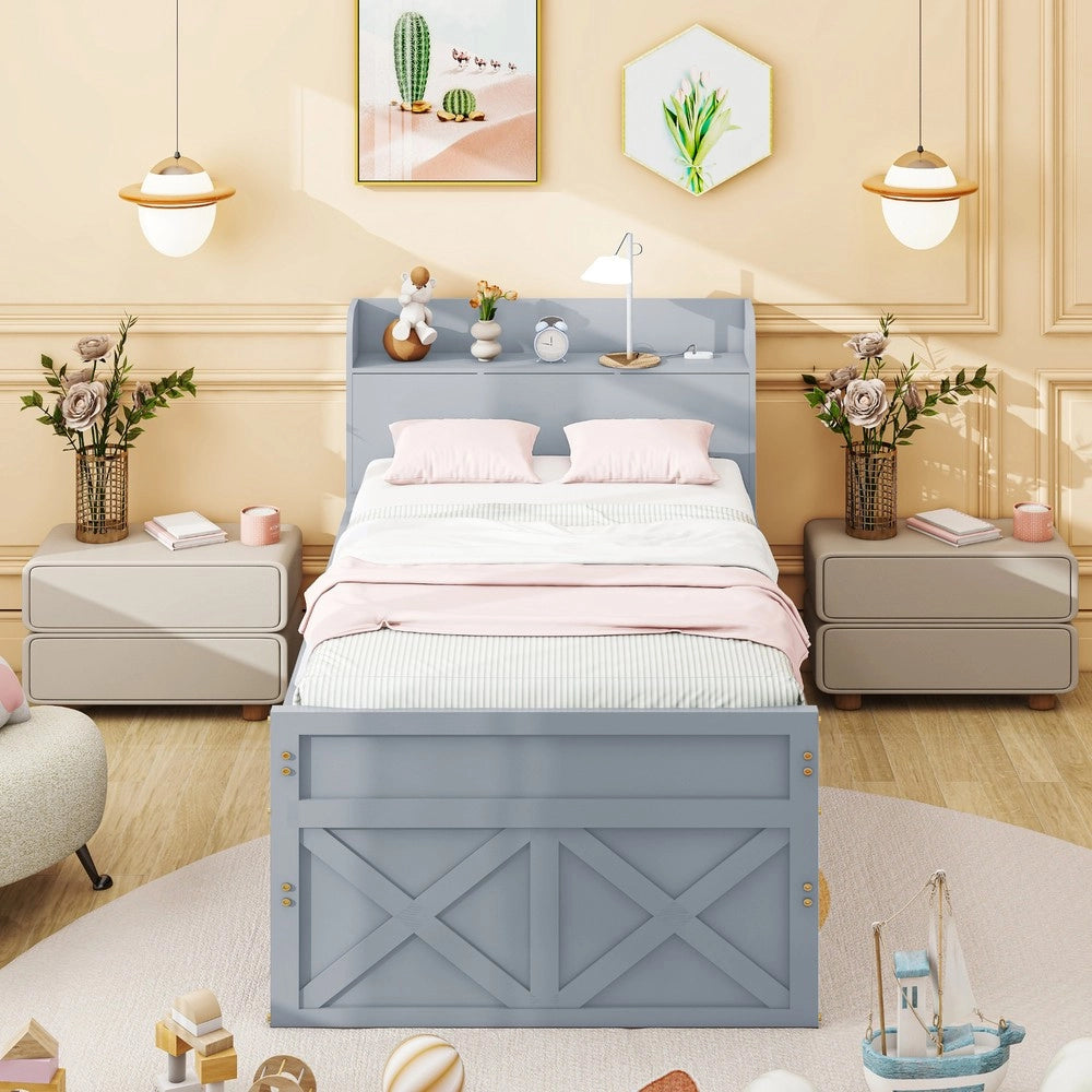 Letto Singolo con Rete a Doghe Cassetto e Comodino ¨C Minimal ¨C Grigio Legno Pino Massello 90x190cm