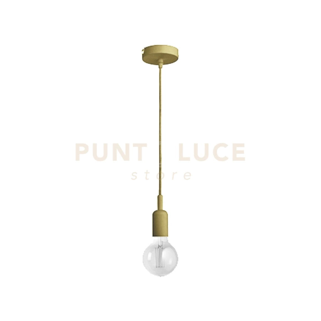 GSO082- PENDENTE FLIP CAVO IN STOFFA E ROSONE OTTONE 1 LUCE ATTACCO E27 D.4,6CX6,9M