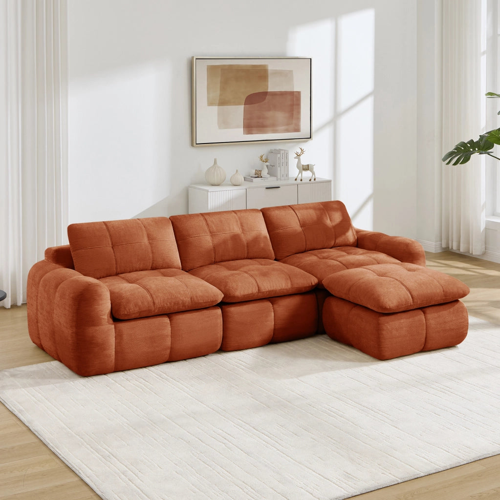 Divano modulare ad angolo a 3 posti in tessuto Chenille arancione con imbottitura in schiuma ad alta densità 32D, incluso pouf, senza montaggio