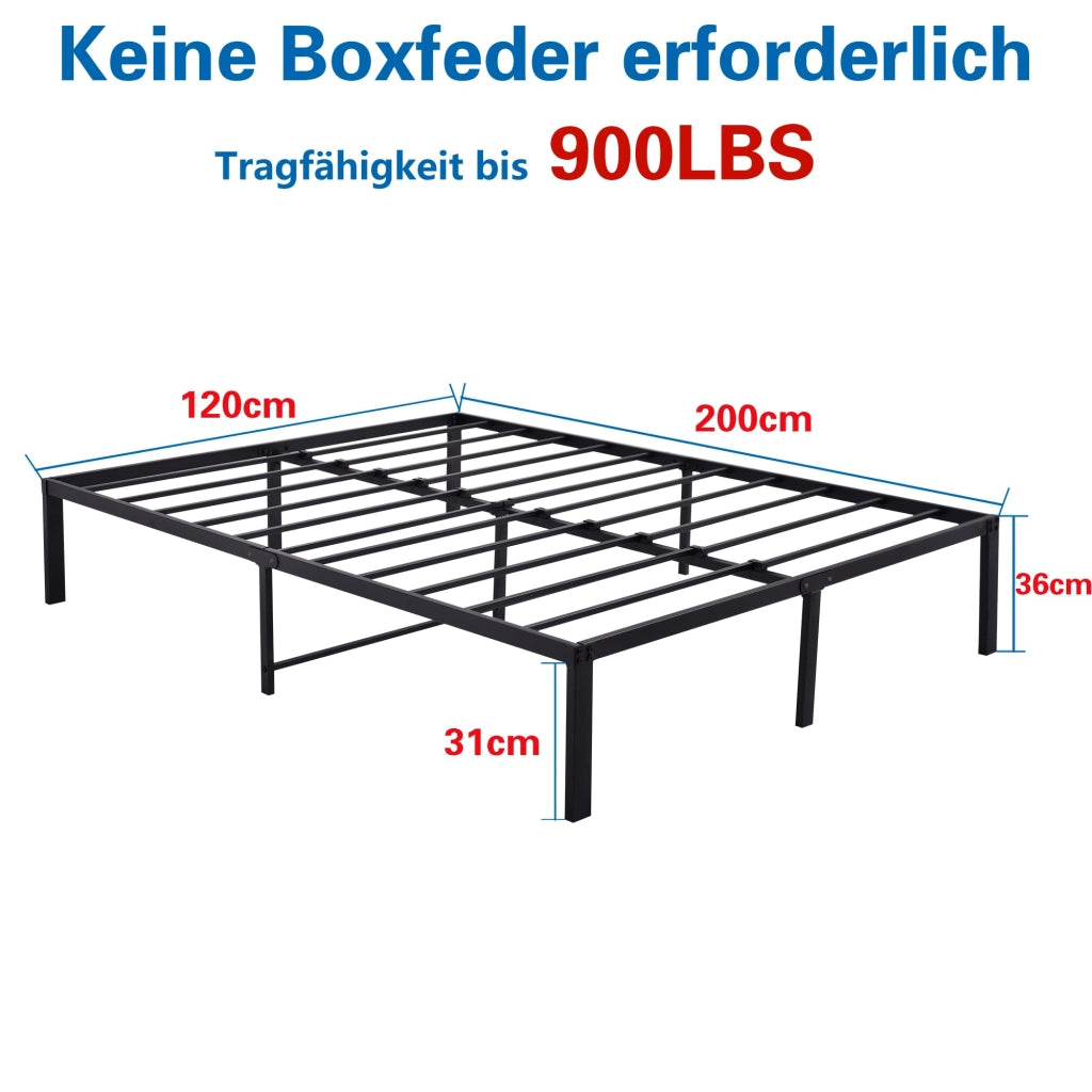 Struttura letto 120 × 200 cm in metallo nero con doghe in acciaio; spazio sottostante di 31 cm; portata 200 kg