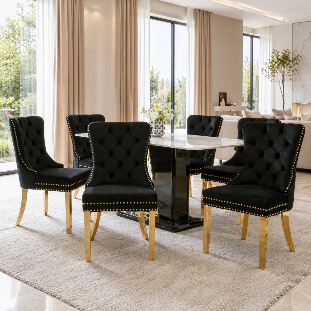 Set di 6 sedie da pranzo in velluto nero con gambe in acciaio inox dorato 50;5x45x95 cm