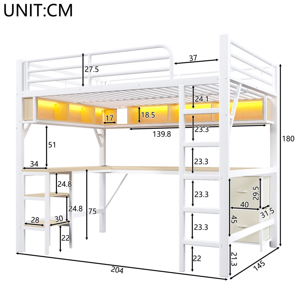 Letto a soppalco 140x200 cm con scrivania, LED e USB in MDF e metallo bianco