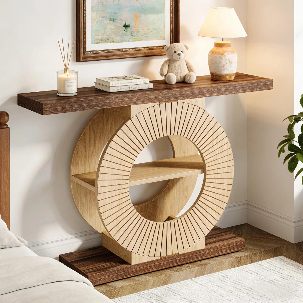 Consolle 113.0x41.5x21.0 cm con ripiani e base rotonda in legno marrone