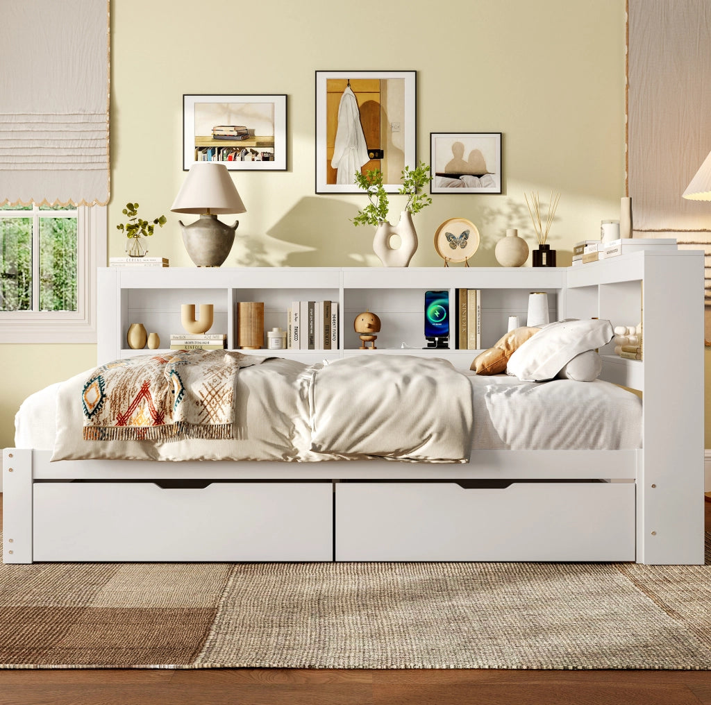 LETTO Sofà letto 140x200 cm Bianco con 2 cassetti, prese e 2 porte USB