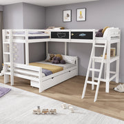 Letto a soppalco per bambini tre posti con scrivania cassetti in legno bianco e rovere con scala sicura