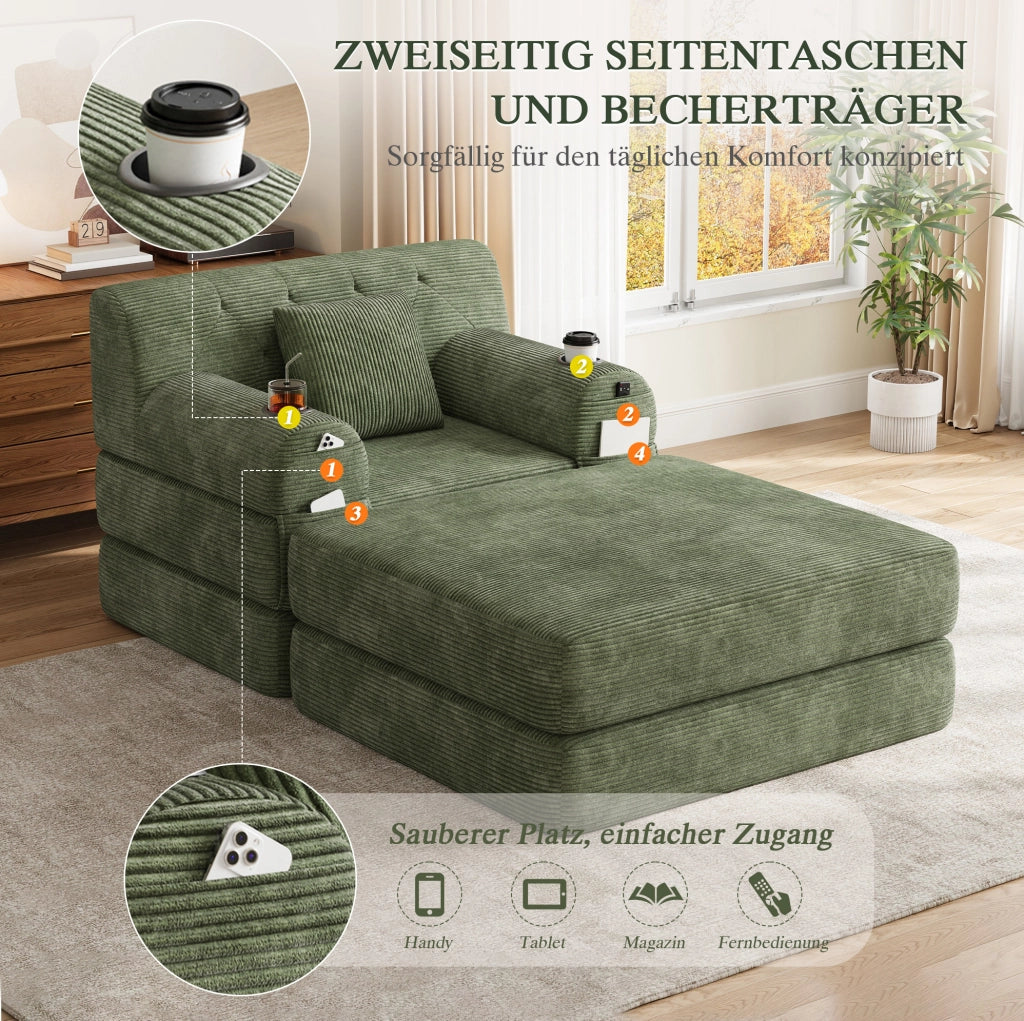 DIVANO LETTO 107x162x81 cm in Velluto a Coste Verde con Schienale Alto