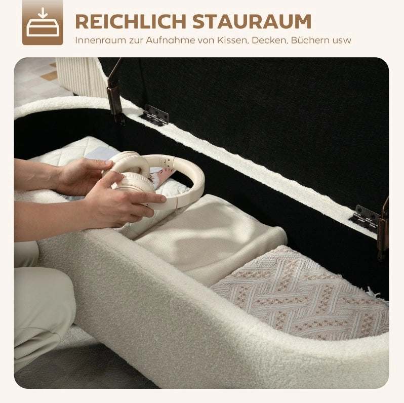 Panchetta con spazio contenitore 69L, seduta imbottita in fleece crema, gambe in acciaio, 114,5x40x48 cm