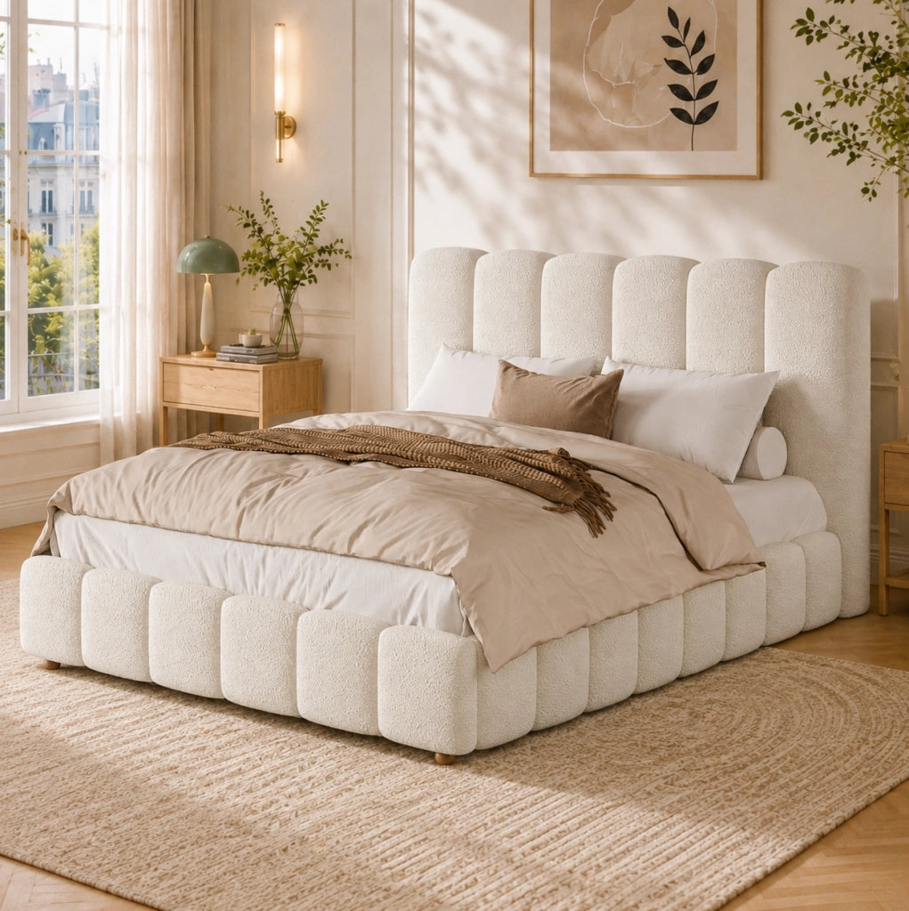Letto matrimoniale contenitore 140x200 cm in bouclé bianco con rete a doghe HOMVRA