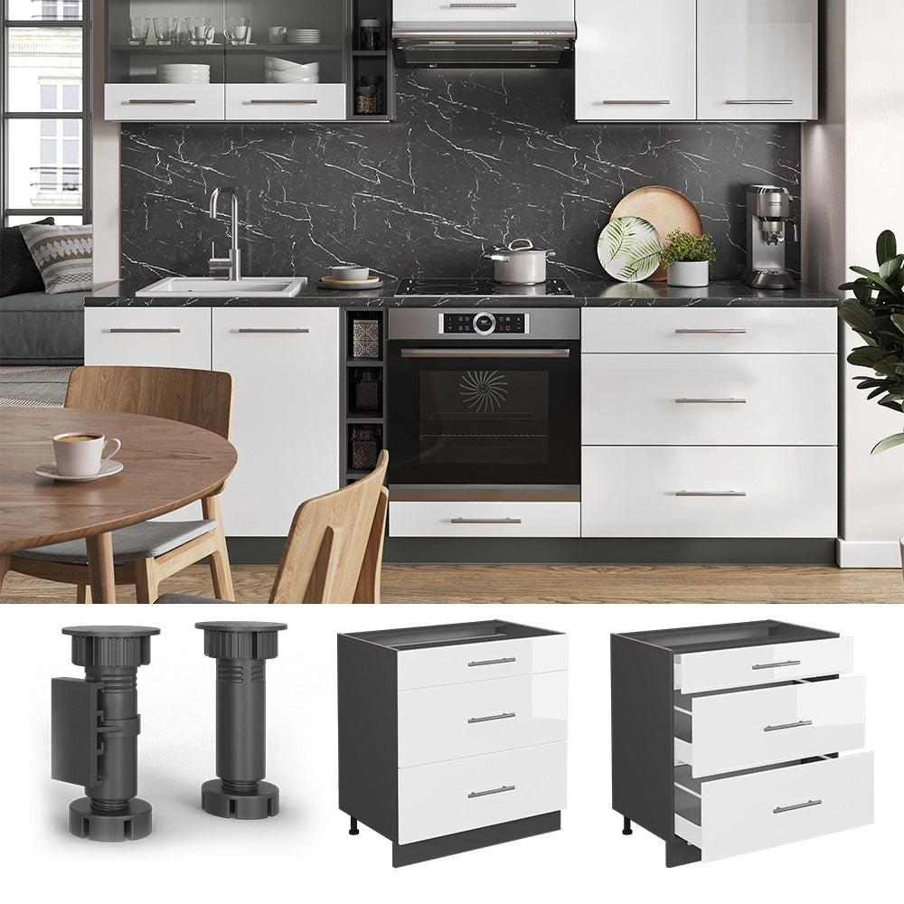 Mobiletto base per cucina Fame-Line Bianco lucido/Antracite 80 cm con 3 cassetti, PL Rovere Vicco