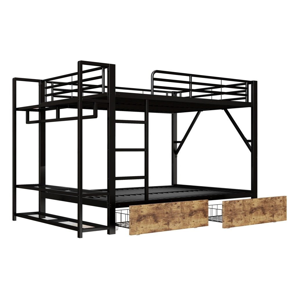 Letto a castello 140x200 cm in metallo nero con 2 cassetti; ripiani; barra appendiabiti e LED