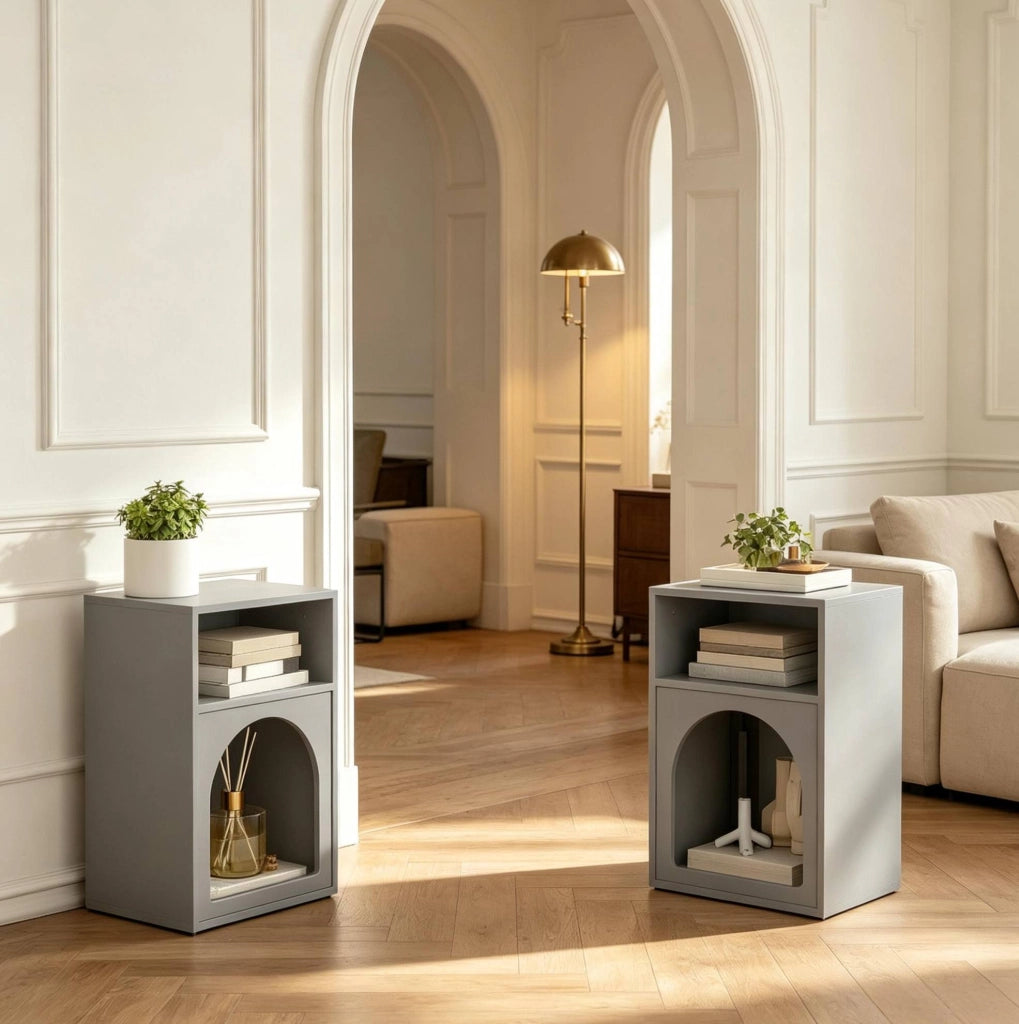 Set di 2 comodini grigi in MDF con ripiani aperti, design curvo, 40x30x60 cm