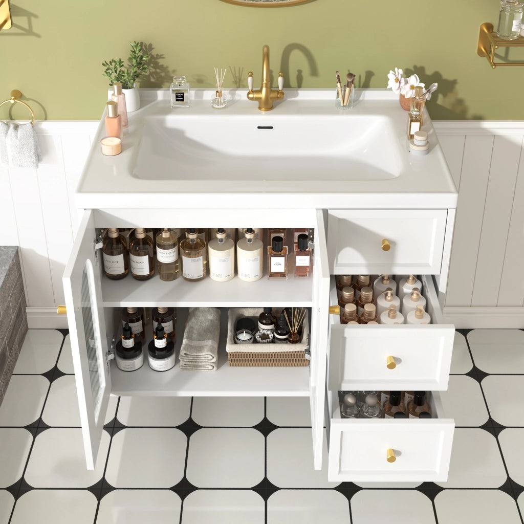Mobiletto con lavabo sospeso in MDF bianco con 2 cassetti anta in vetro ondulato e ripiani regolabili