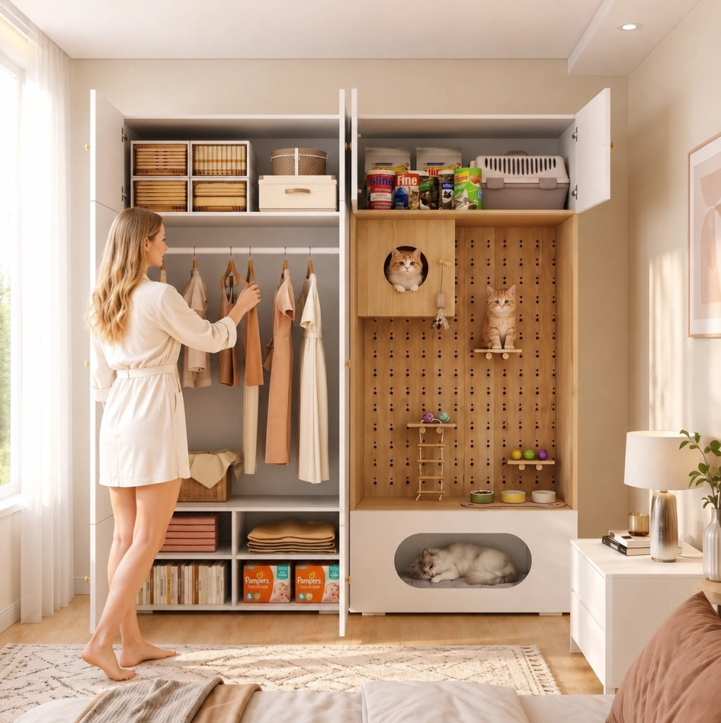 Armadio multifunzione 2-in-1 con parete arrampicata per gatti, 180x50x200 cm, bianco e effetto legno
